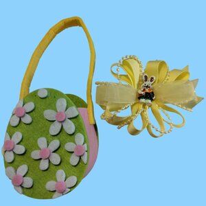 Easter Bunny Hair Ribbon Yellow Girls Bow Barrette Daisy Egg Basket Gift Bag